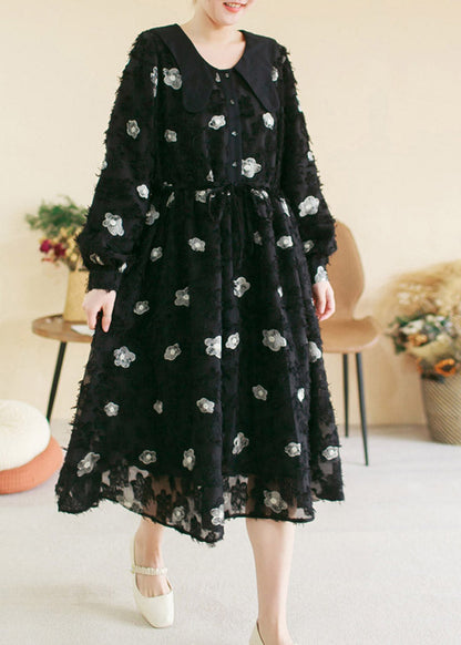 Black O-neck Embroideried Patchwork Cotton Long Dress Spring