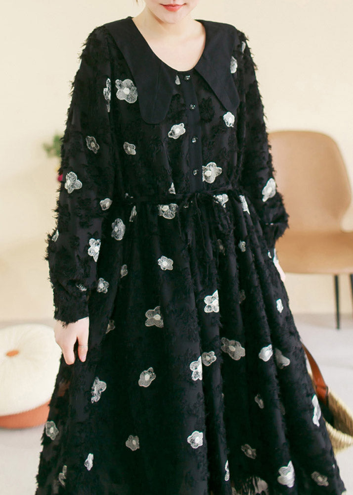 Black O-neck Embroideried Patchwork Cotton Long Dress Spring