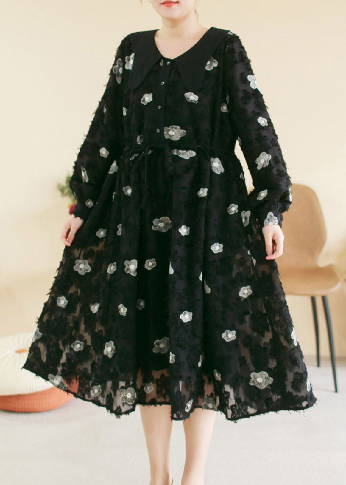 Black O-neck Embroideried Patchwork Cotton Long Dress Spring