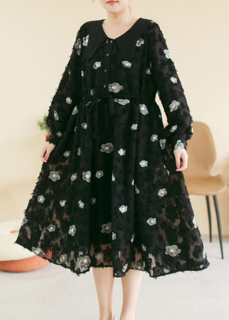 Black O-neck Embroideried Patchwork Cotton Long Dress Spring