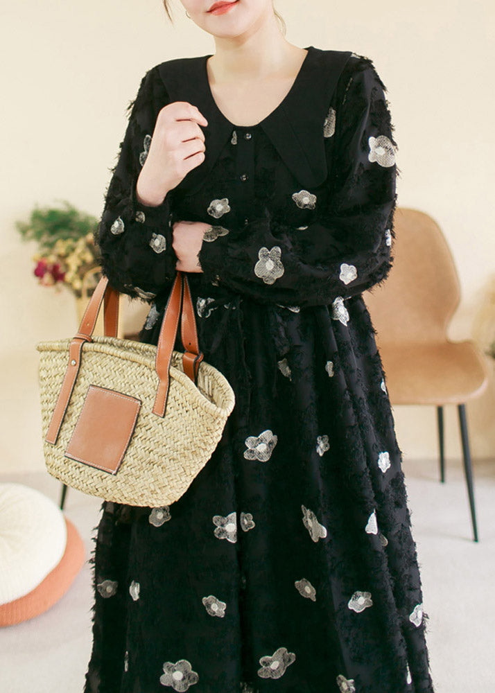 Black O-neck Embroideried Patchwork Cotton Long Dress Spring