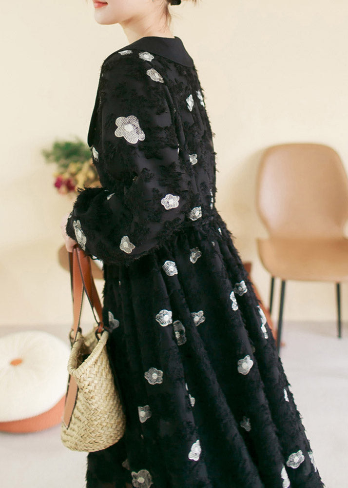 Black O-neck Embroideried Patchwork Cotton Long Dress Spring