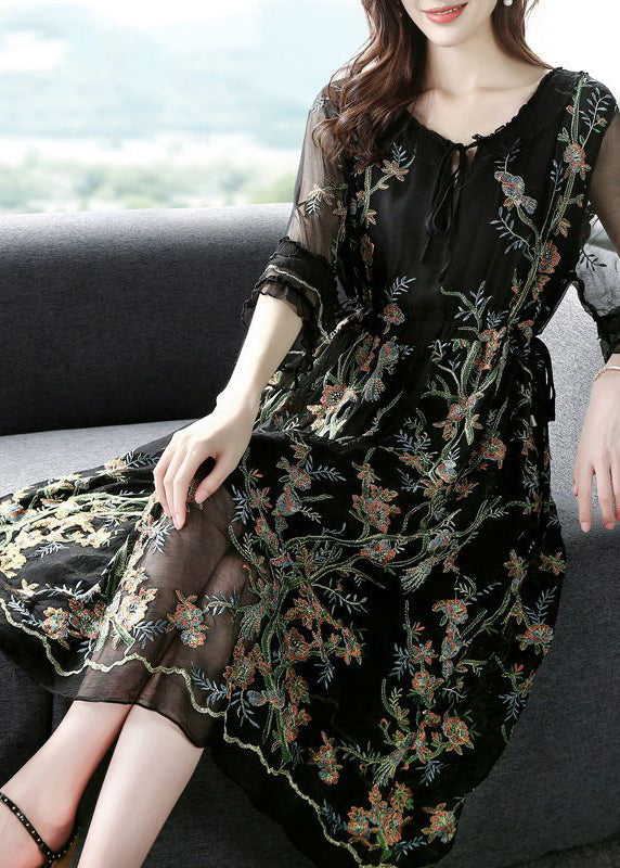 Black O-neck Embroideried Silk Party Dress Bracelet Sleeve