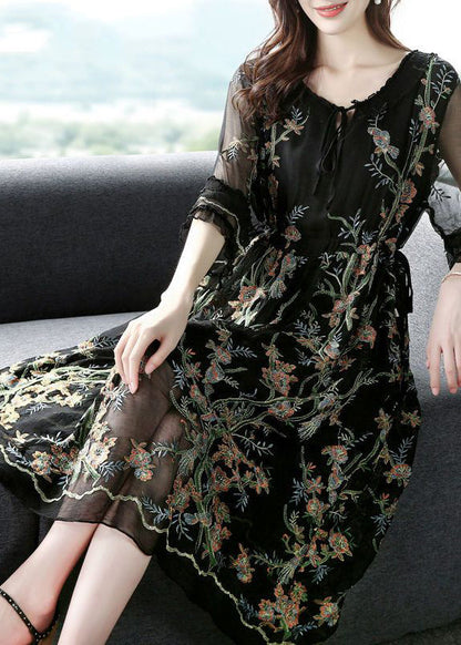 Black O-neck Embroideried Silk Party Dress Bracelet Sleeve
