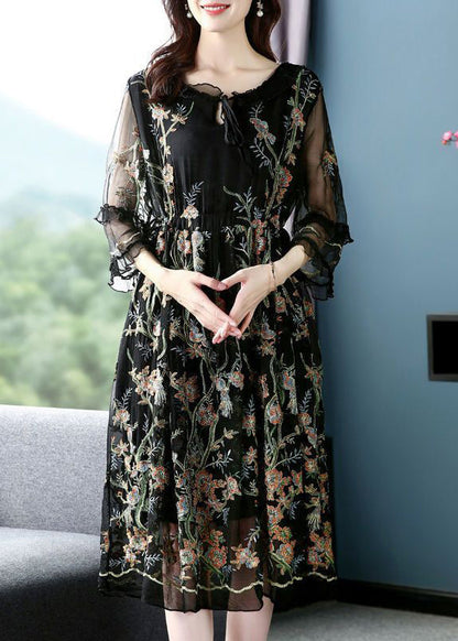 Black O-neck Embroideried Silk Party Dress Bracelet Sleeve