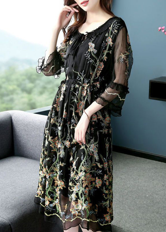 Black O-neck Embroideried Silk Party Dress Bracelet Sleeve