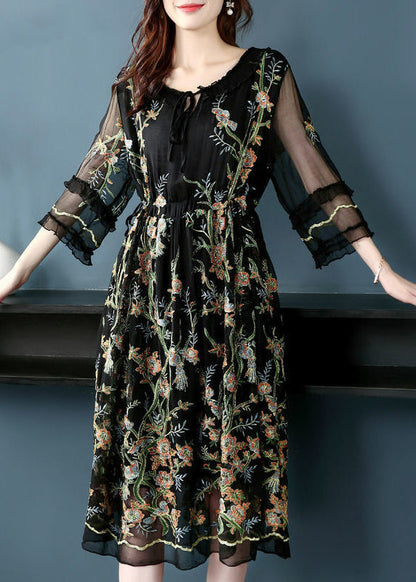 Black O-neck Embroideried Silk Party Dress Bracelet Sleeve