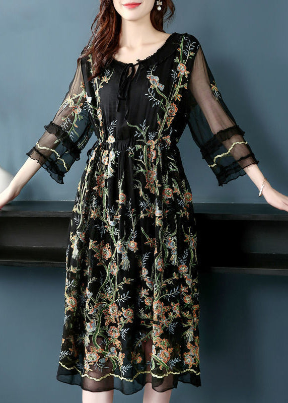 Black O-neck Embroideried Silk Party Dress Bracelet Sleeve
