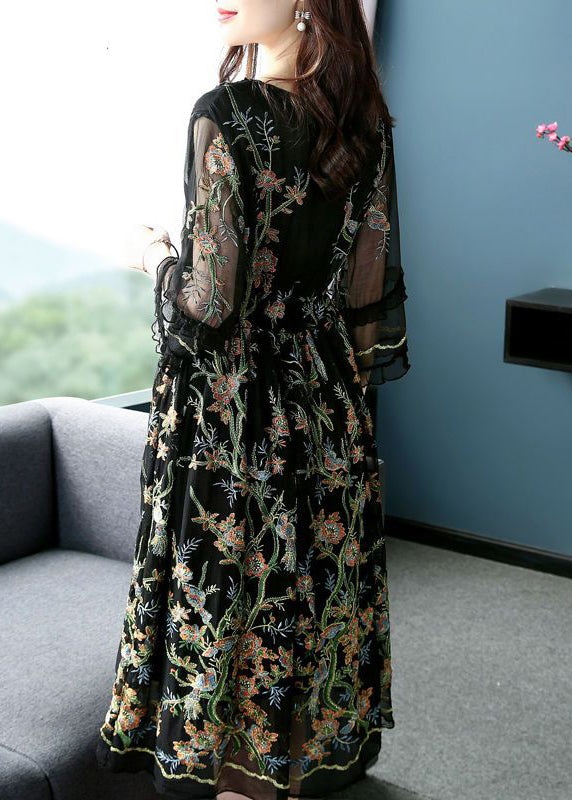Black O-neck Embroideried Silk Party Dress Bracelet Sleeve