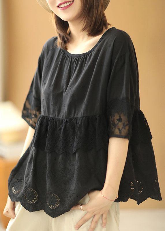 Black O-neck Lace Patchwork Fall Half Sleeve Blouse Tops