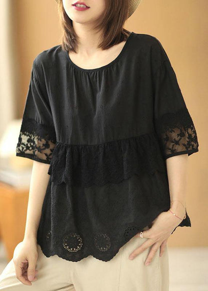 Black O-neck Lace Patchwork Fall Half Sleeve Blouse Tops
