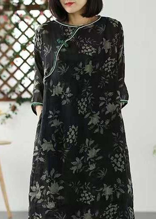 Black O Neck Patchwork Long Linen Dresses Summer