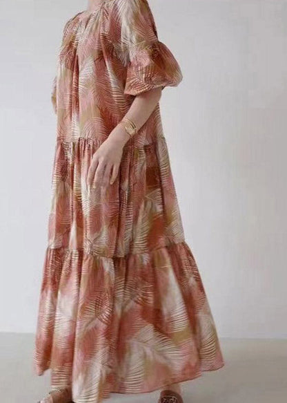 Black O-neck Print Long Dress Short Sleeve