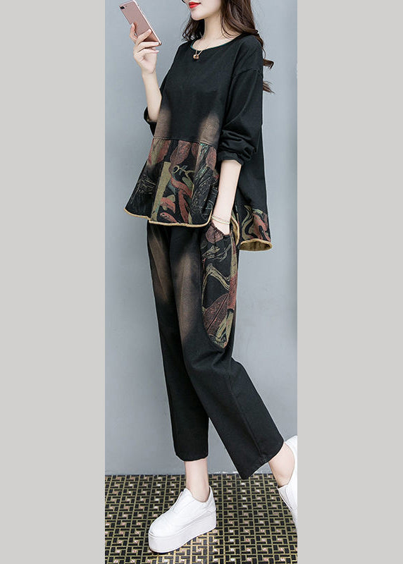 Black O-neck Print Top and Pants Two Pieces Set Fall