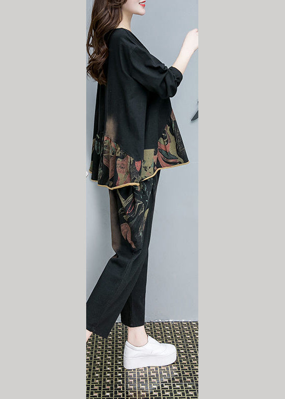 Black O-neck Print Top and Pants Two Pieces Set Fall