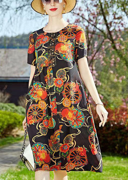 Black O-neck Print Wrinkled Silk Mid Dresses Short Sleeve