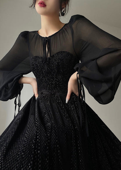 Black O-neck Tulle Drawstring Patchwork Velour Long Dresses Long Sleeve