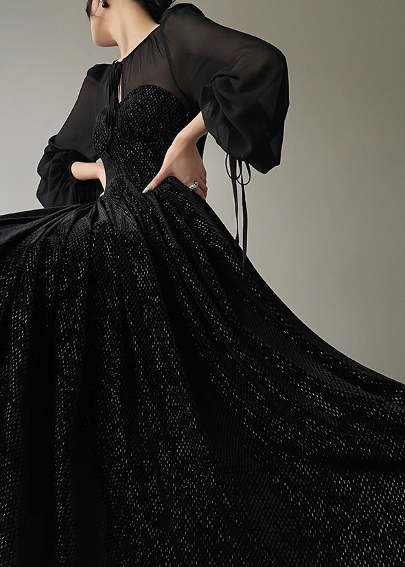 Black O-neck Tulle Drawstring Patchwork Velour Long Dresses Long Sleeve