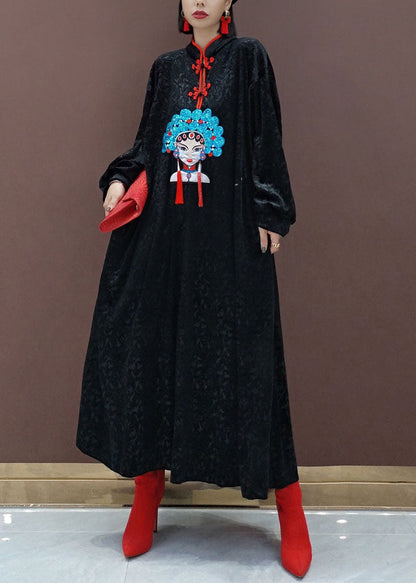 Black Oriental Velour Long Dresses Spring