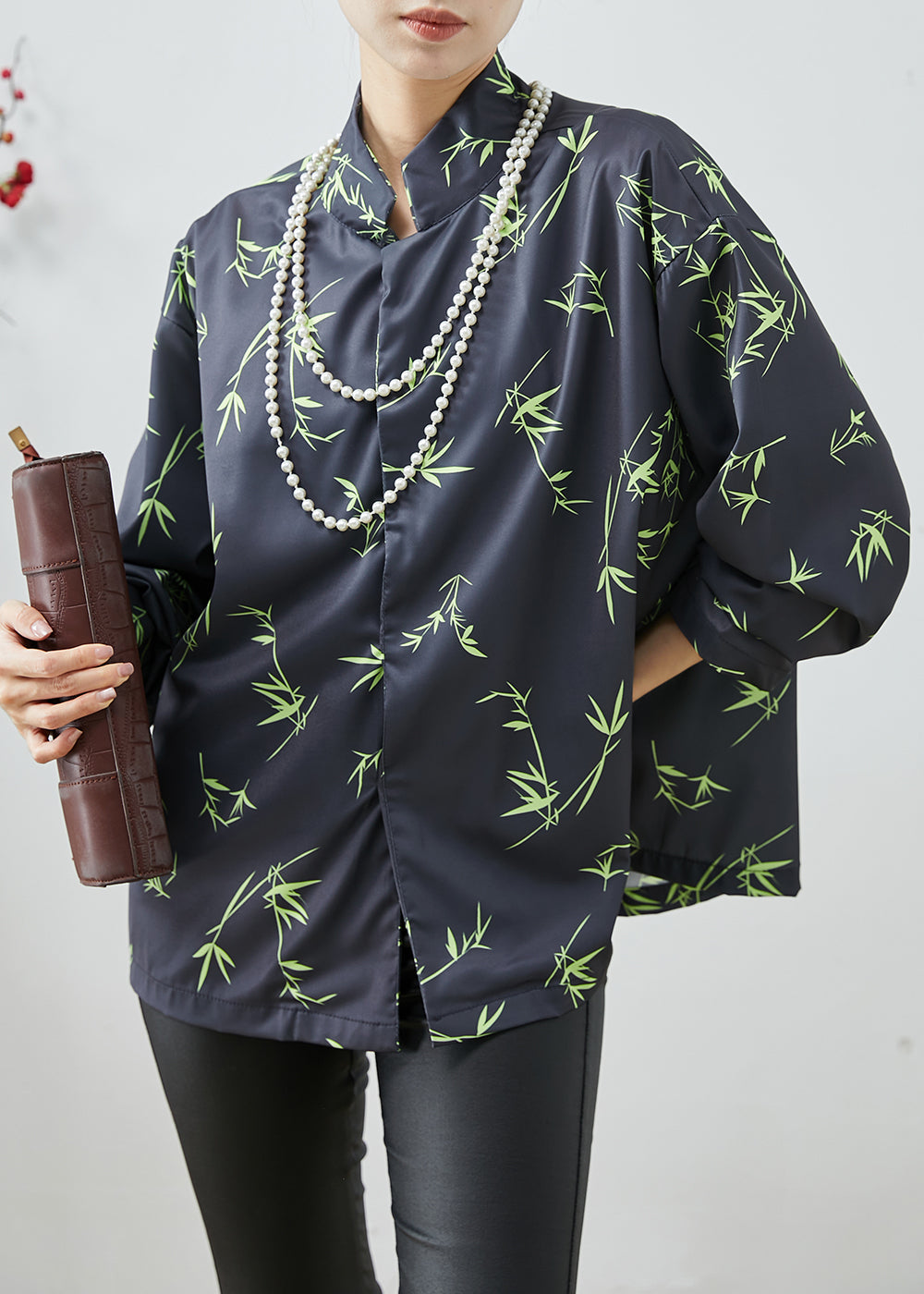 Vintage Black Oversized Bamboo Leaf Print Silk Shirt Spring