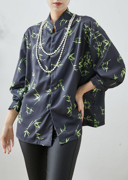 Vintage Black Oversized Bamboo Leaf Print Silk Shirt Spring