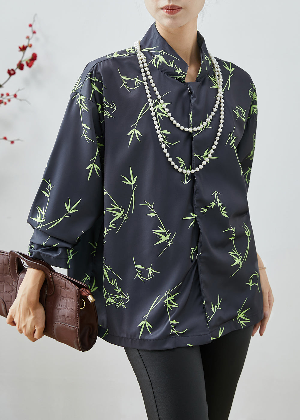 Vintage Black Oversized Bamboo Leaf Print Silk Shirt Spring