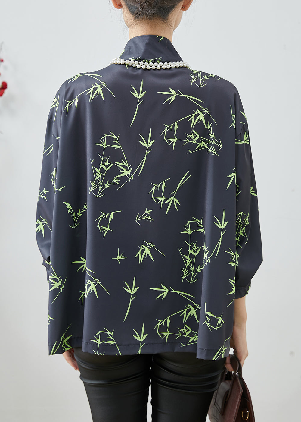 Vintage Black Oversized Bamboo Leaf Print Silk Shirt Spring