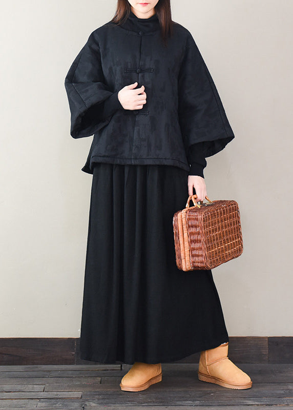 Black Oversized Jacquard Fine Cotton Filled Puffer Jacket Winter