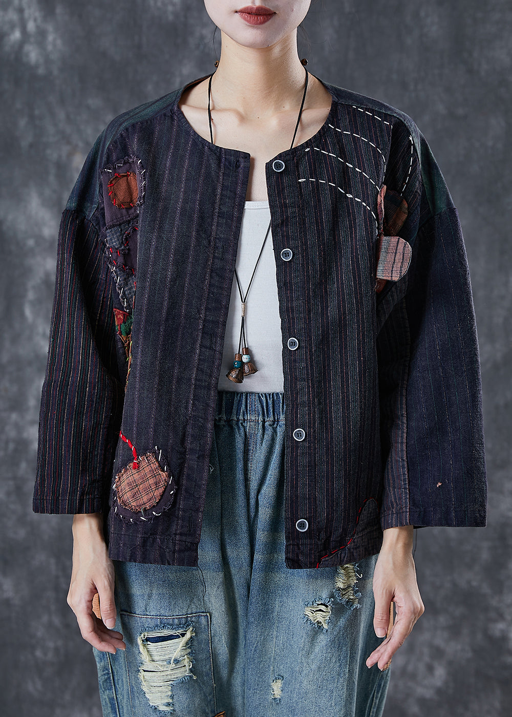 Black Oversized Patchwork Applique Cotton Coat Outwear Spring