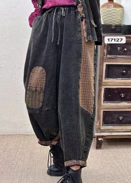 Black Oversized Patchwork Applique Linen Harem Pants Spring