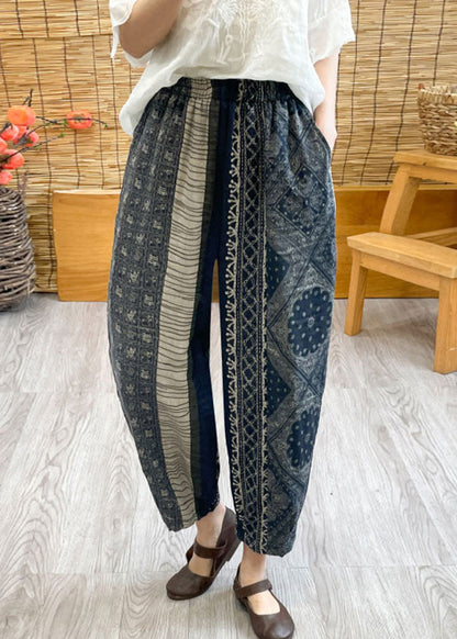 Black Oversized Print Linen Harem Pants Spring