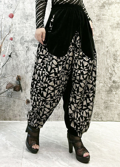 Black Patchwork Gold Print High Waist Thick Velour Lantern Pants Winter