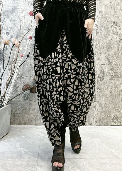 Black Patchwork Gold Print High Waist Thick Velour Lantern Pants Winter