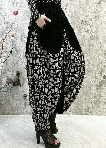 Black Patchwork Gold Print High Waist Thick Velour Lantern Pants Winter