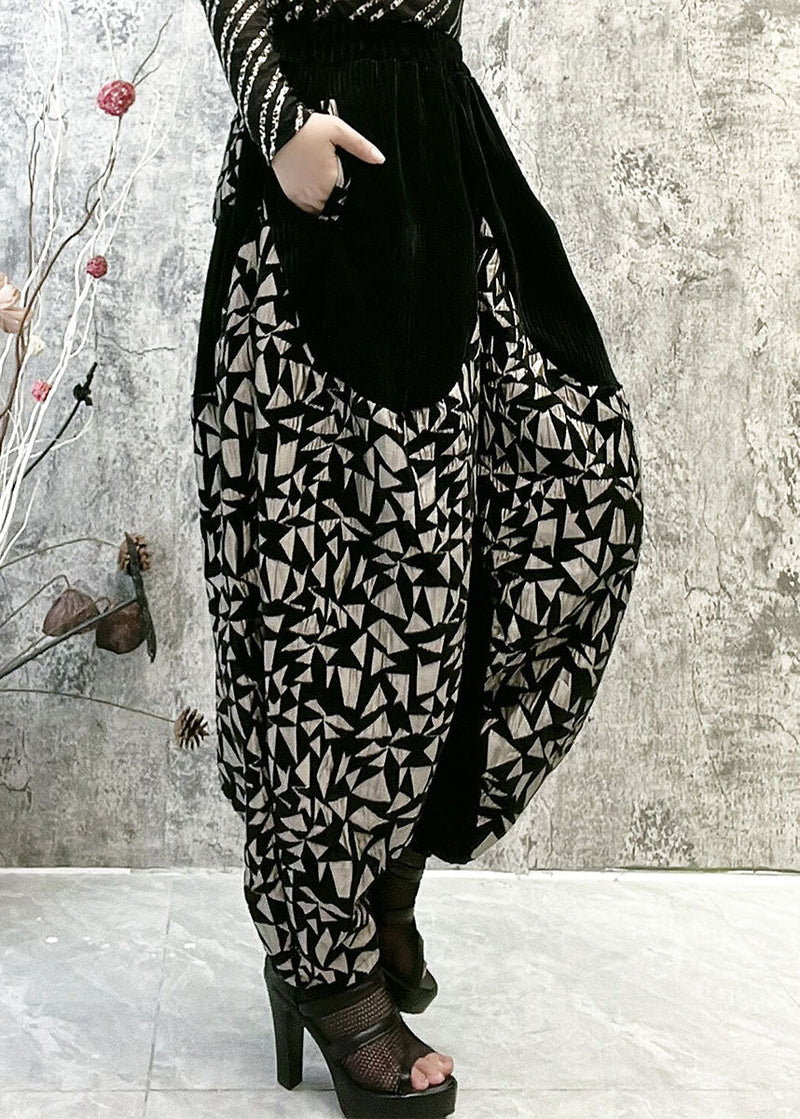 Black Patchwork Gold Print High Waist Thick Velour Lantern Pants Winter