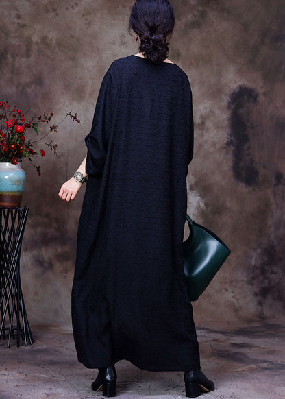 Black Patchwork Pocket Wrinkled Oriental Button Silk Dress Long Sleeve