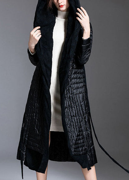 Black Patchwork Tie Waist Winter Down Coat