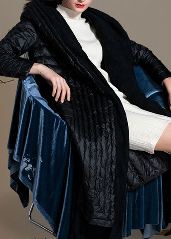 Black Patchwork Tie Waist Winter Down Coat