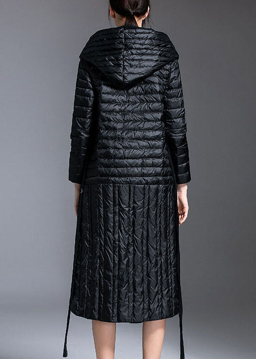 Black Patchwork Tie Waist Winter Down Coat