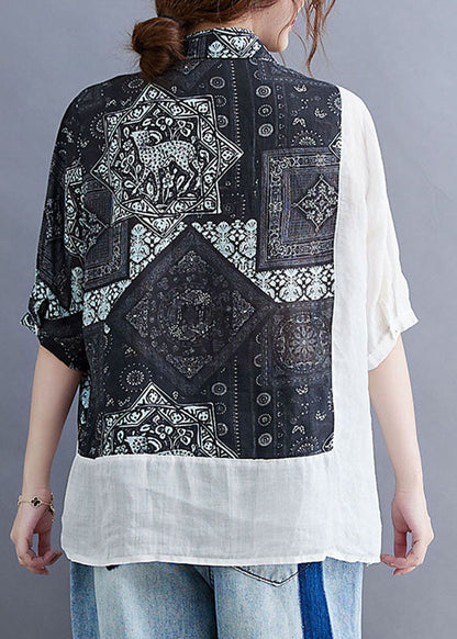 Black Peter Pan Collar Button Patchwork Print Fall Shirt Half Sleeve