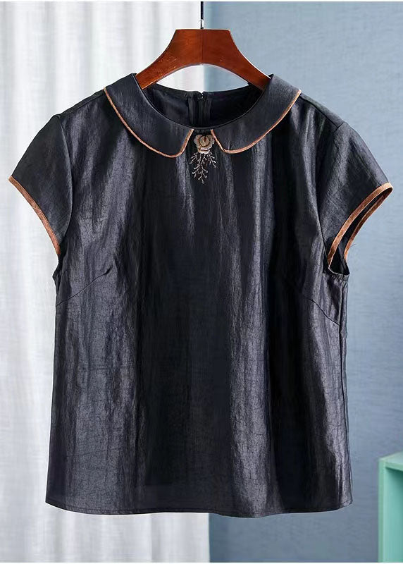 Black Peter Pan Collar Embroideried Silk Tops Summer