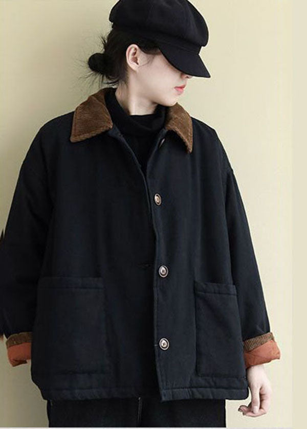 Black Peter Pan Collar Pockets Fine Cotton Filled Coats Winter