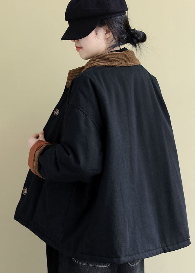 Black Peter Pan Collar Pockets Fine Cotton Filled Coats Winter
