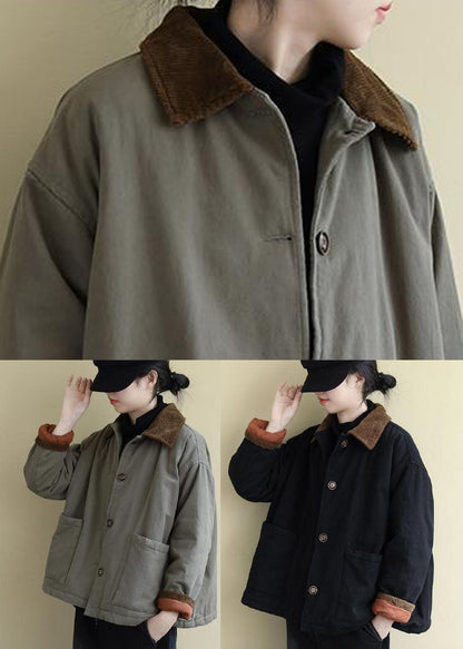 Black Peter Pan Collar Pockets Fine Cotton Filled Coats Winter