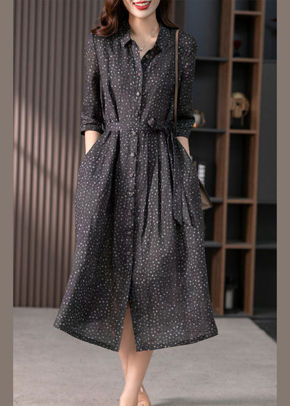 Black Peter Pan Collar Print Button Tie Waist Linen Long Shirts Dress Long Sleeve