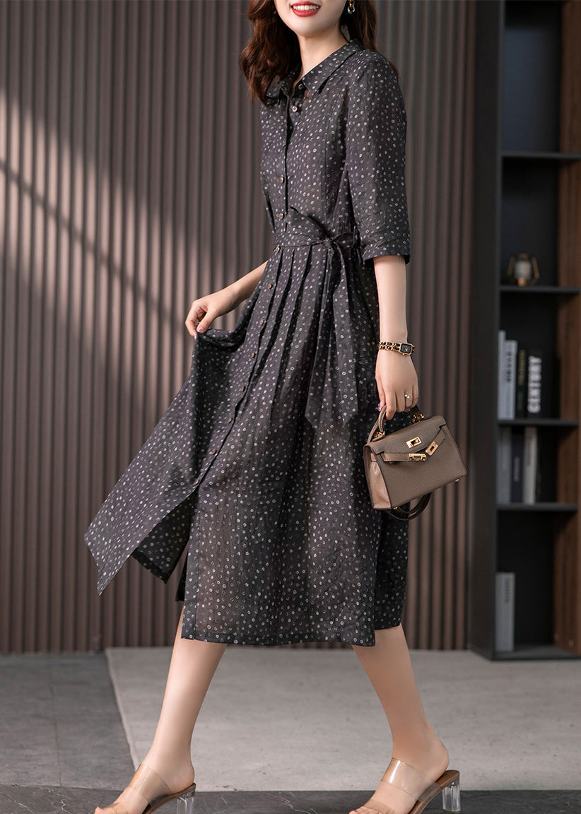Black Peter Pan Collar Print Button Tie Waist Linen Long Shirts Dress Long Sleeve