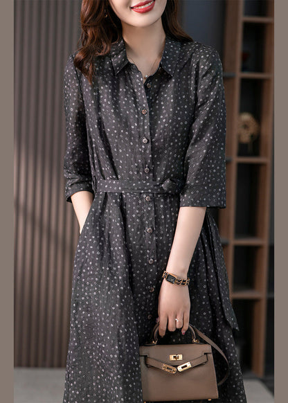 Black Peter Pan Collar Print Button Tie Waist Linen Long Shirts Dress Long Sleeve