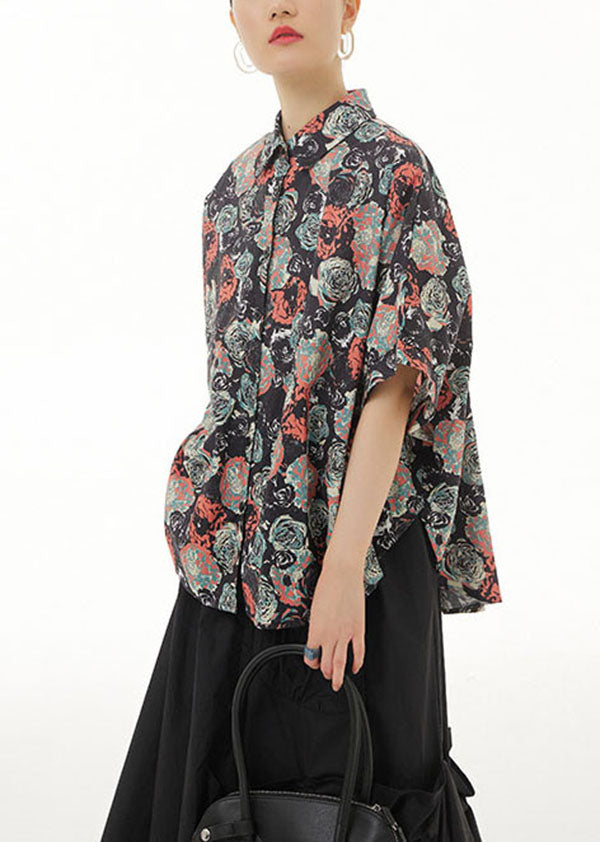 Black Peter Pan Collar Print Cotton Shirts Top Summer