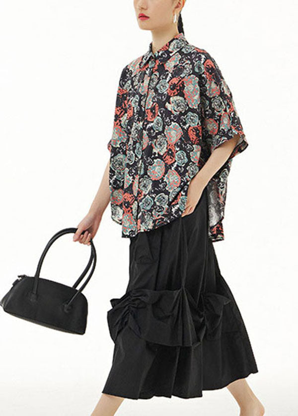 Black Peter Pan Collar Print Cotton Shirts Top Summer