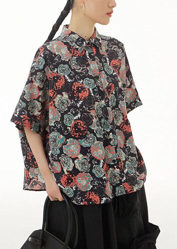 Black Peter Pan Collar Print Cotton Shirts Top Summer